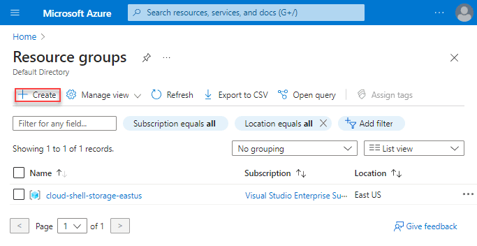 Azure portal Resource groups page with Create highlighted